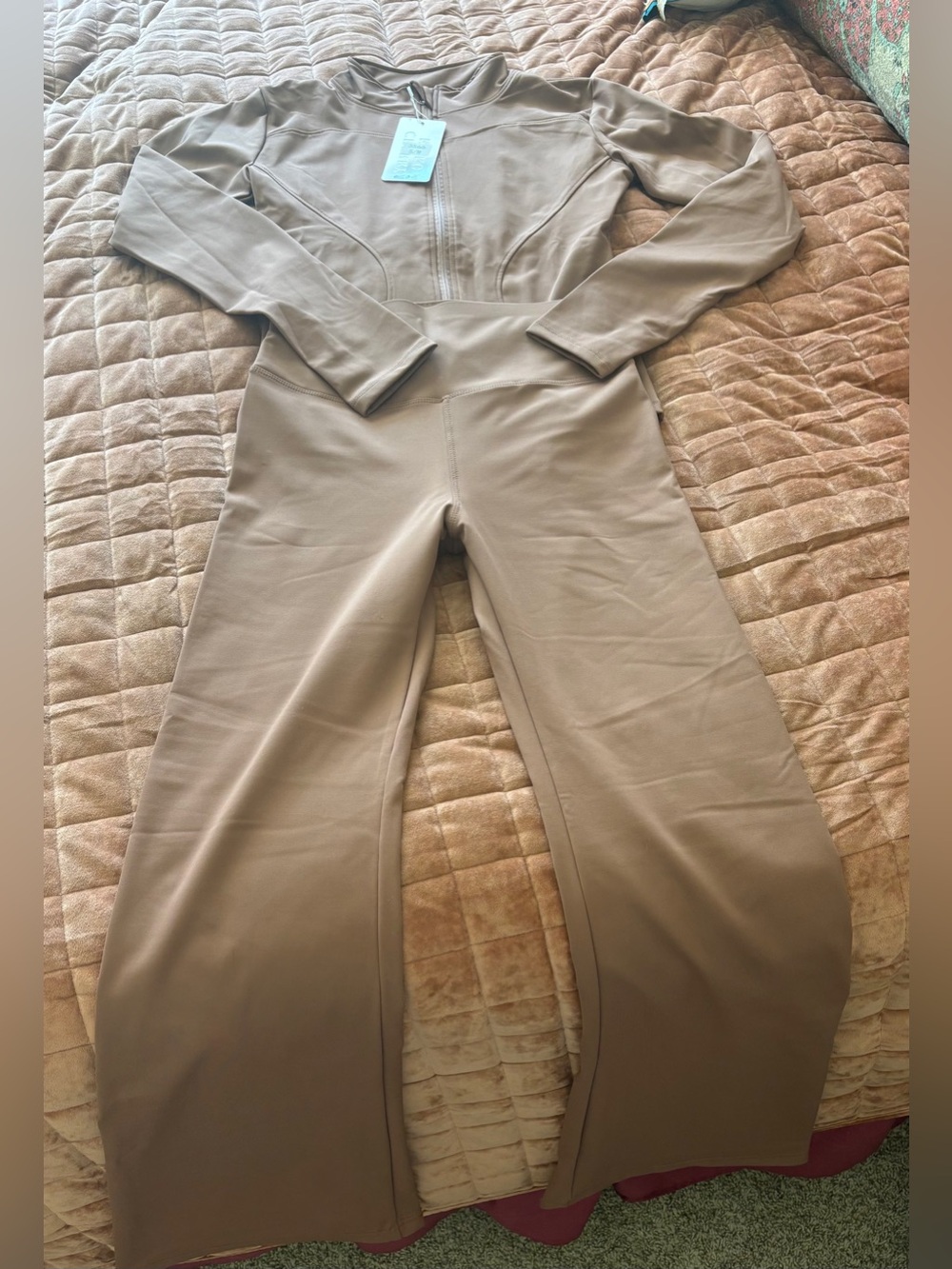 Women's Taupe Jumpsuit - Long Sleeve Zip Front